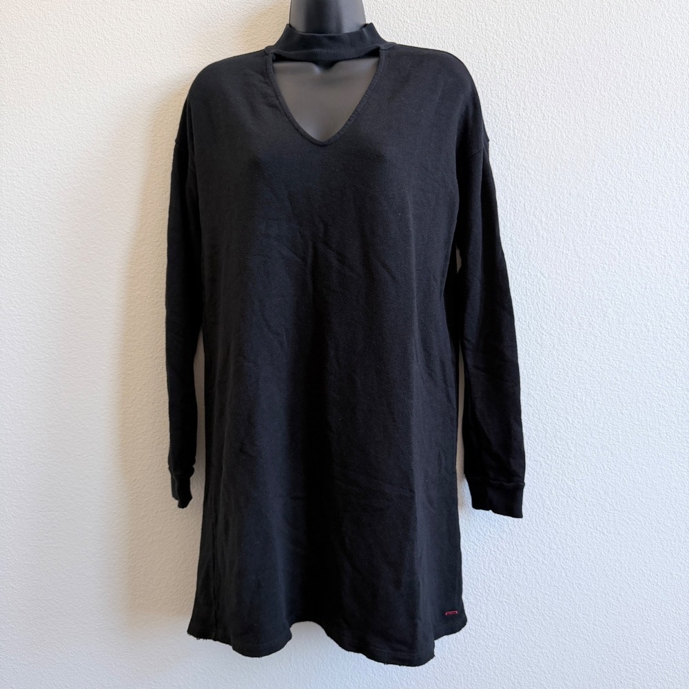 n:Philanthropy Black Choker V-Neck Mini Dress French Terry Long Sleeve Medium
